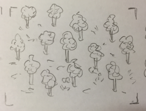 Camera pans up above to show entire forest of paper trees