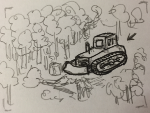 Camera does full 360 and from middle of trees bulldozer comes through knocking trees down.