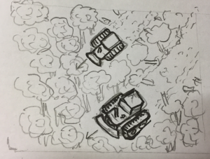 Camera pans above and we see multiple bulldozers clearing a path through the trees