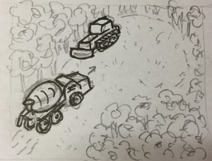 Camera pans round and we see cement lorries pulling into clearing just created by bulldozers